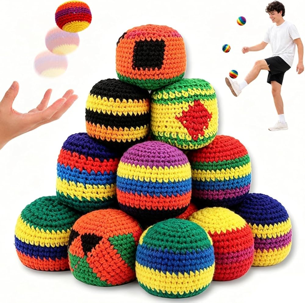 Footbag Kick Balls, Assorted Colors & Designs, 12 Pack