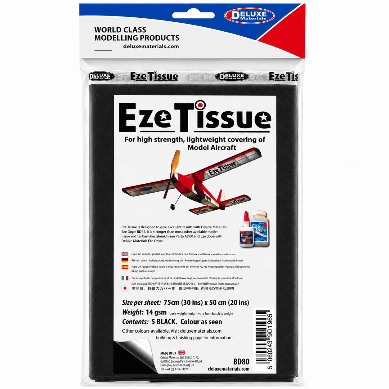 Deluxe Materials BD80 Solid Black EZE Tissue, 30"x20" inch - Pack of 5
