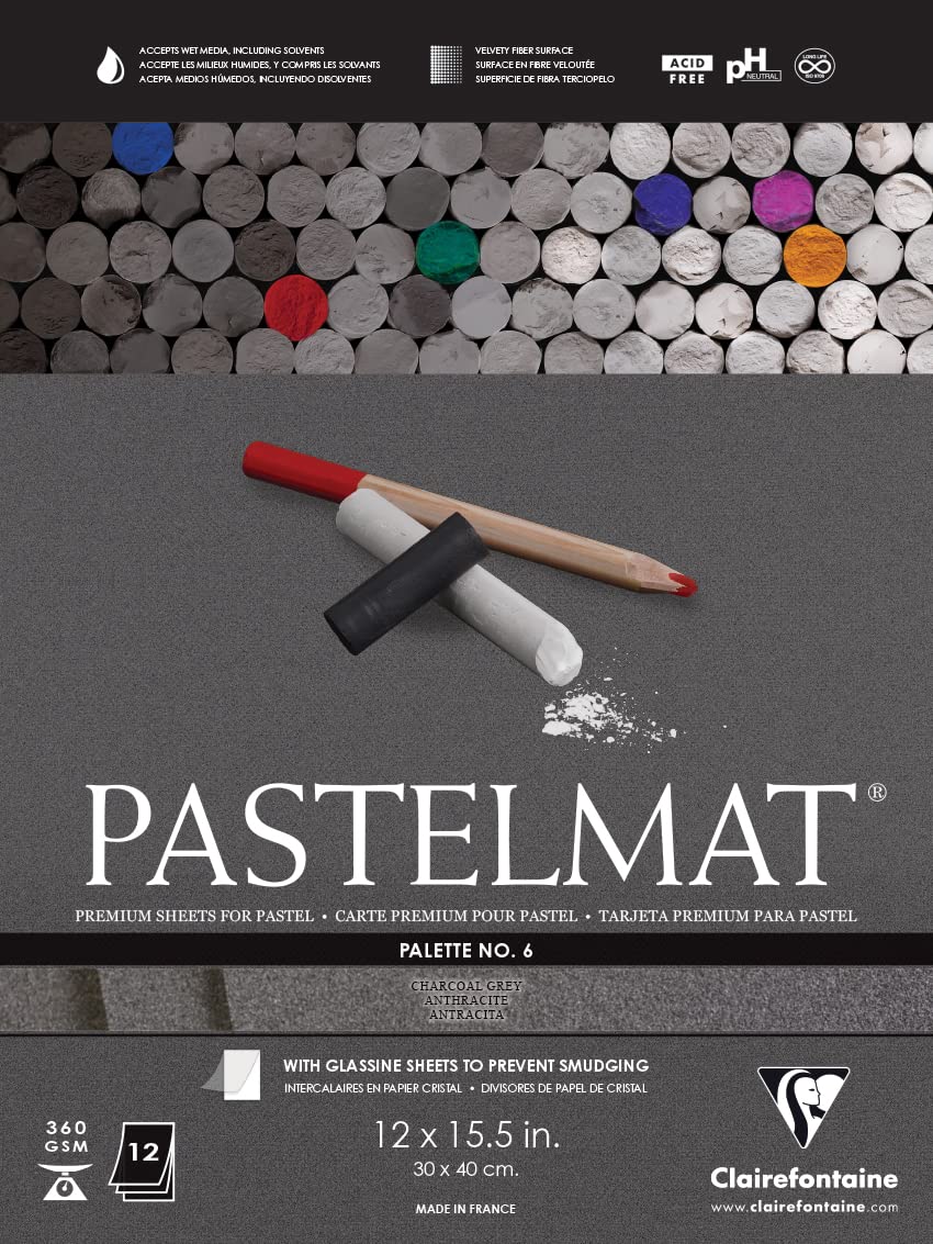Paleta de papel pegado Clairefontaine Pastelmat, n.º 6, 30 x 40 cm, 360 g, 12 hojas, gris carbón