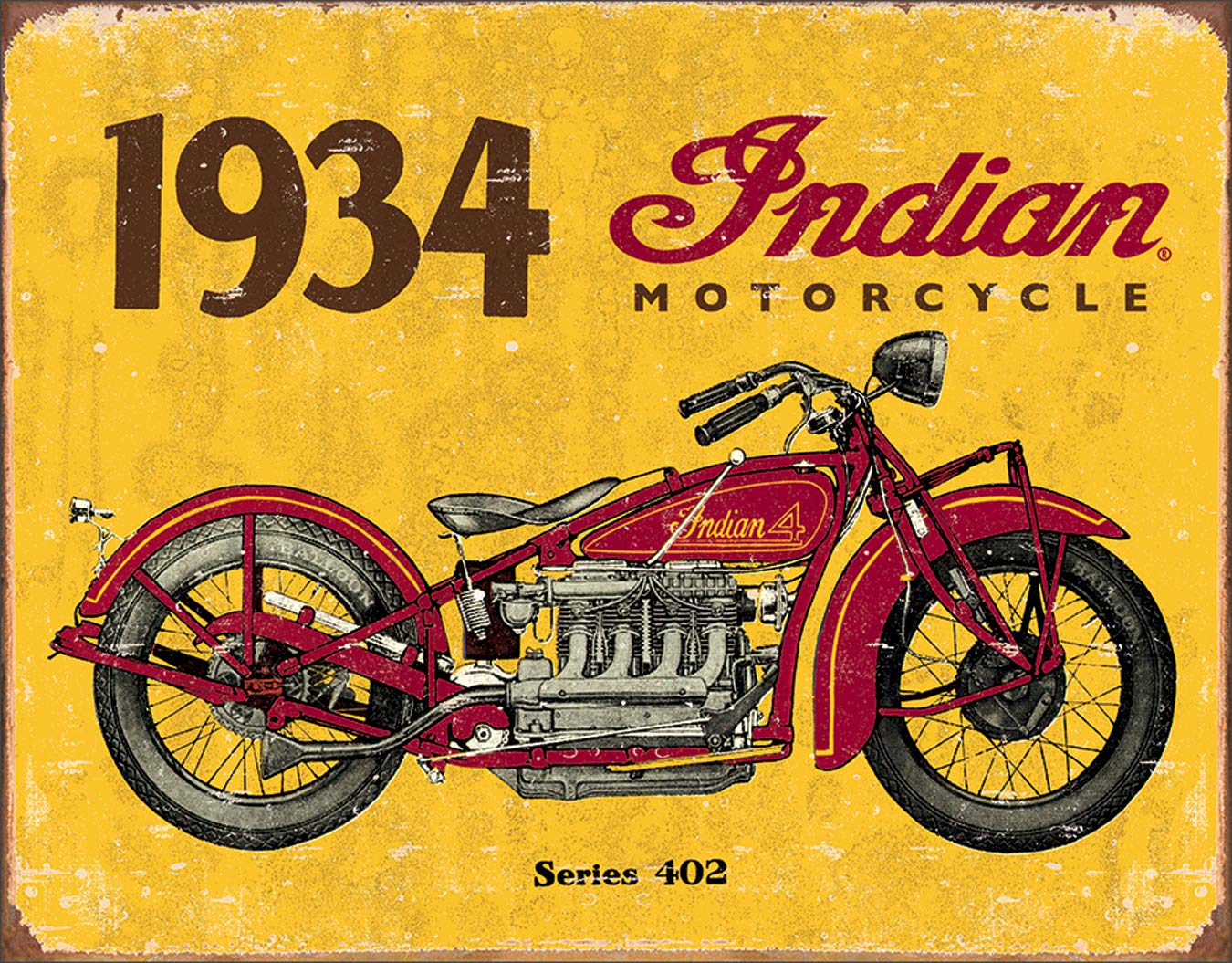 Letrero de hojalata de motocicleta india de 1934 de Desperate Enterprises, 40,6 cm de ancho x 31,7 cm de alto