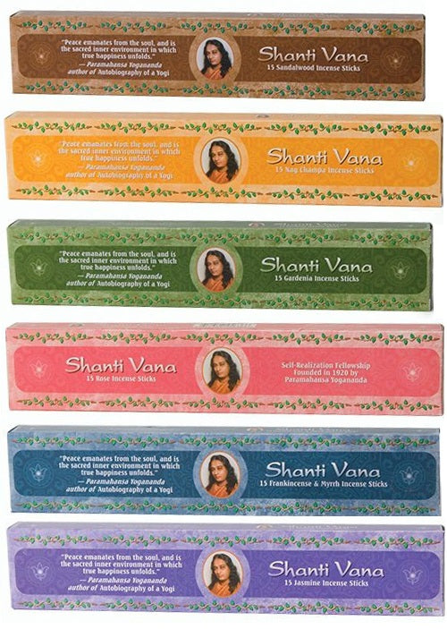 Shanti Vana Incense Gift Set Nag Champa, Gardenia, Rose, Frankincense & Myrrh, Jasmine, Sandalwood - 15 Sticks Each