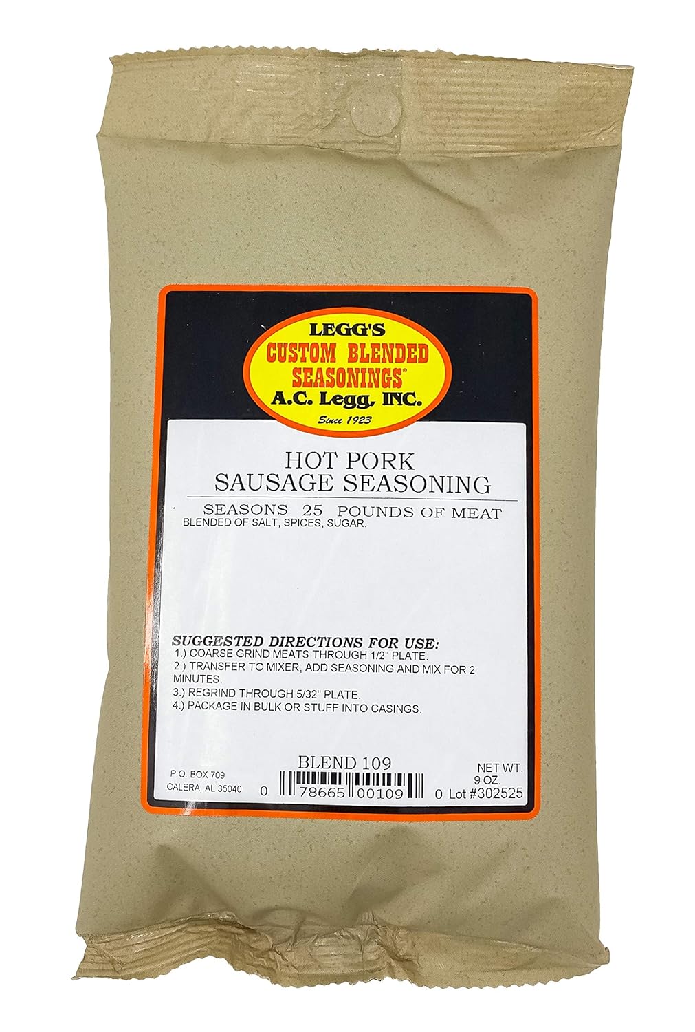 Condimento para salchichas de cerdo picante AC Legg, 9 onzas