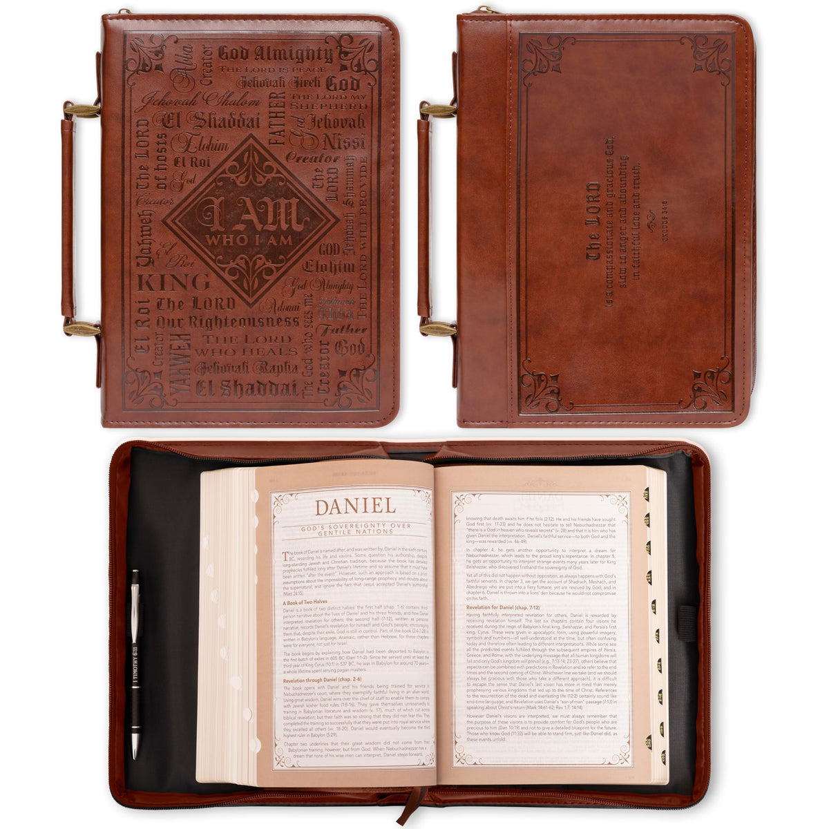 Christian Art Gifts Protège-bible classique pour homme Noms de Dieu Exode 34:6, similicuir marron, XL