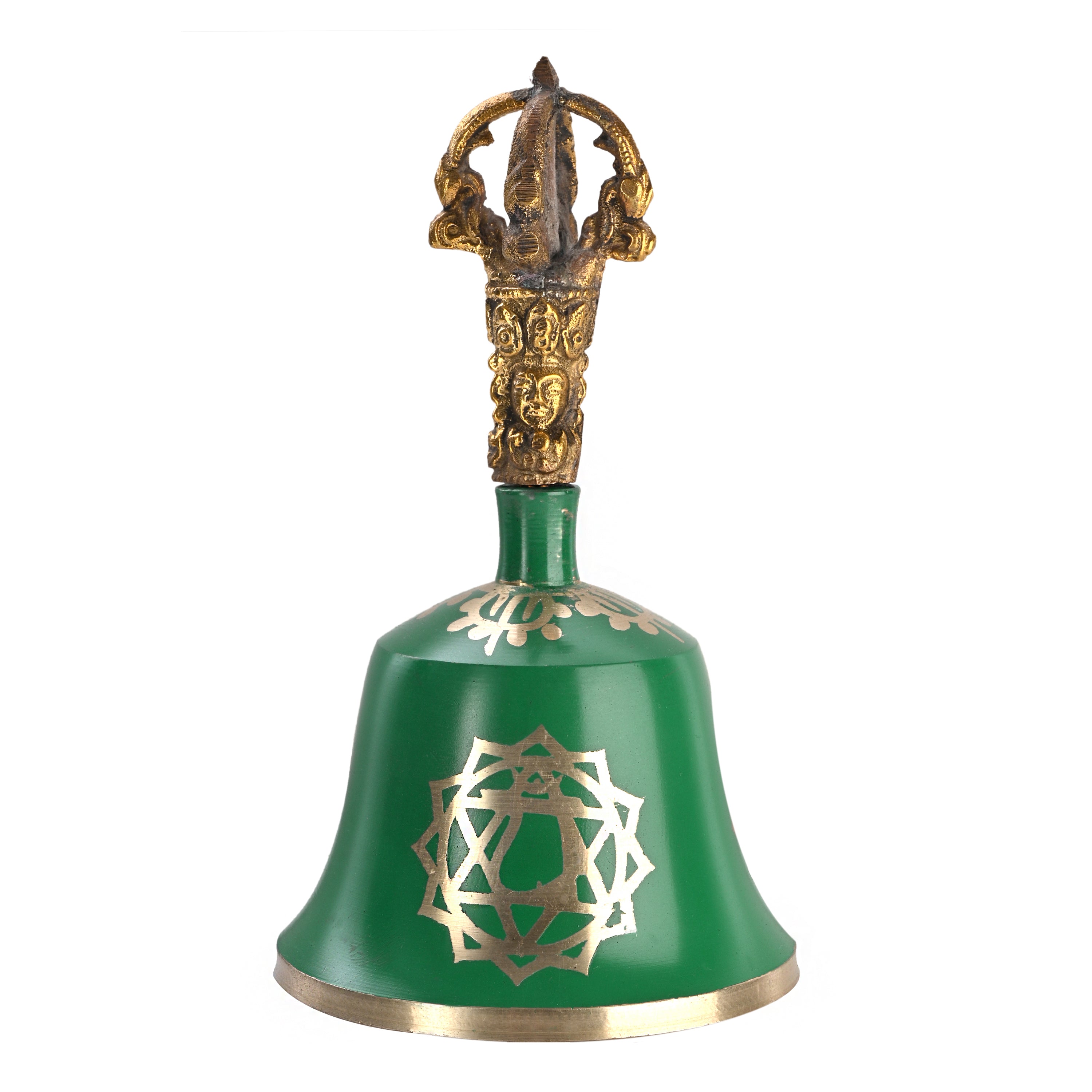 Campana tibetana con chakra del corazón verde (nota D) - 5,5 pulgadas de alto x 3 pulgadas de profundidad - Meditación de chakras en armonía