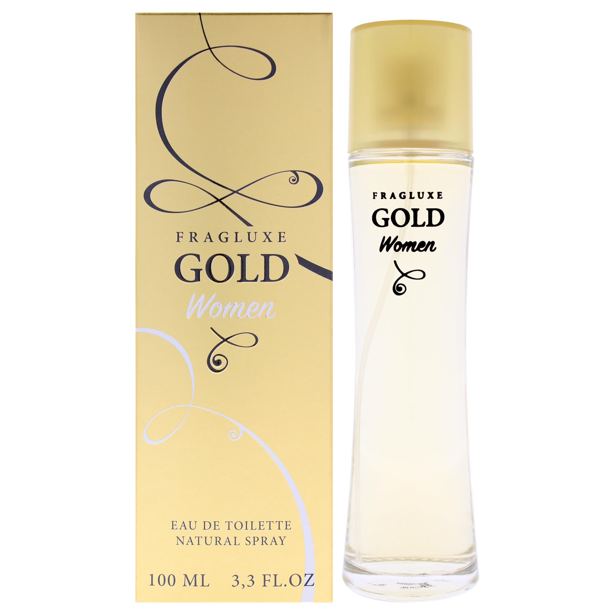 Fragluxe Gold Eau de Toilette for Women, Fruity Floral Fragrance with Mandarin Jasmine and Warm Woods, Elegant Daily Scent, 3.3 oz Spray
