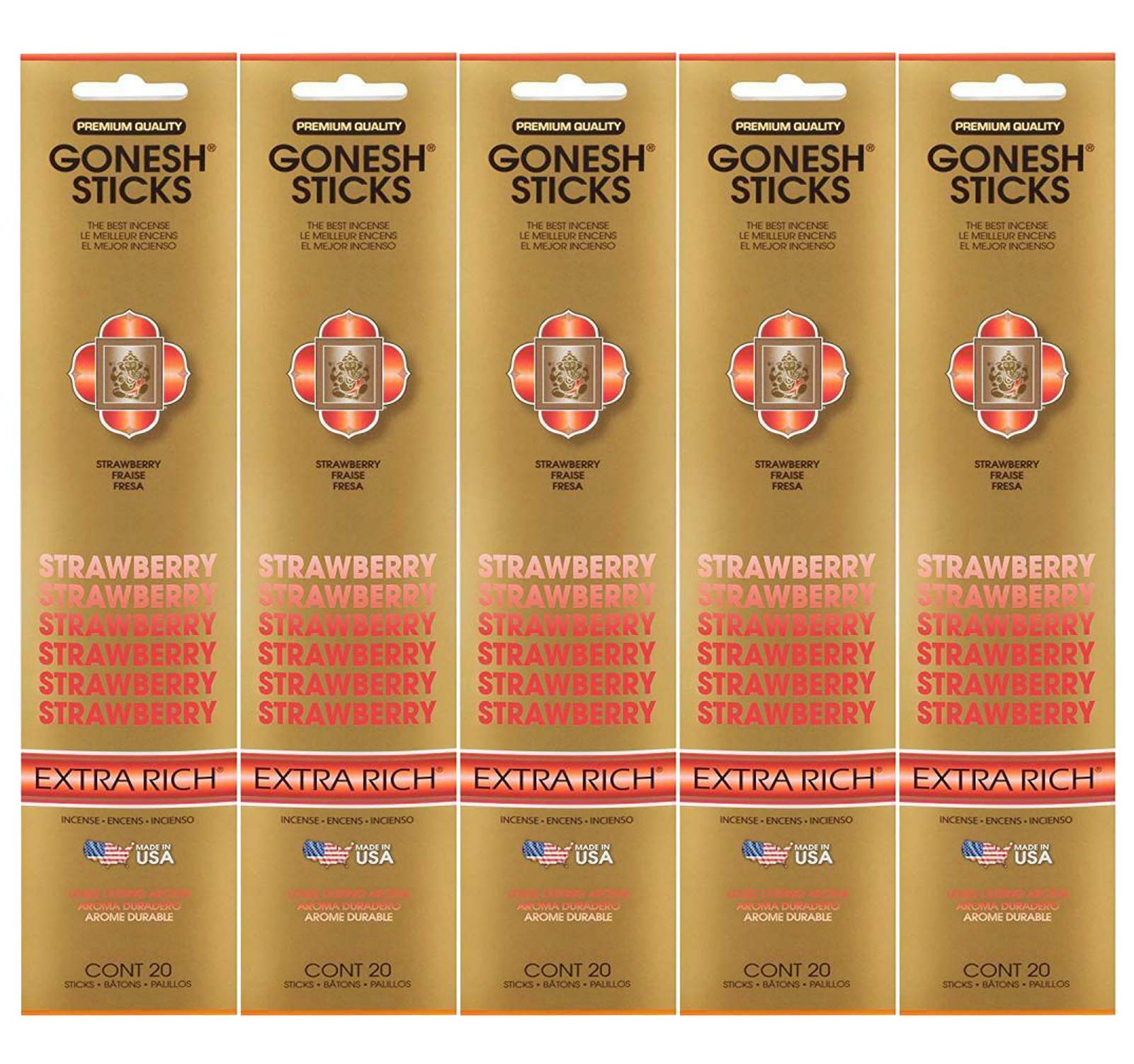 Gonesh Incense Sticks Extra Rich Collection - Strawberry 5 Packs (100 Total)
