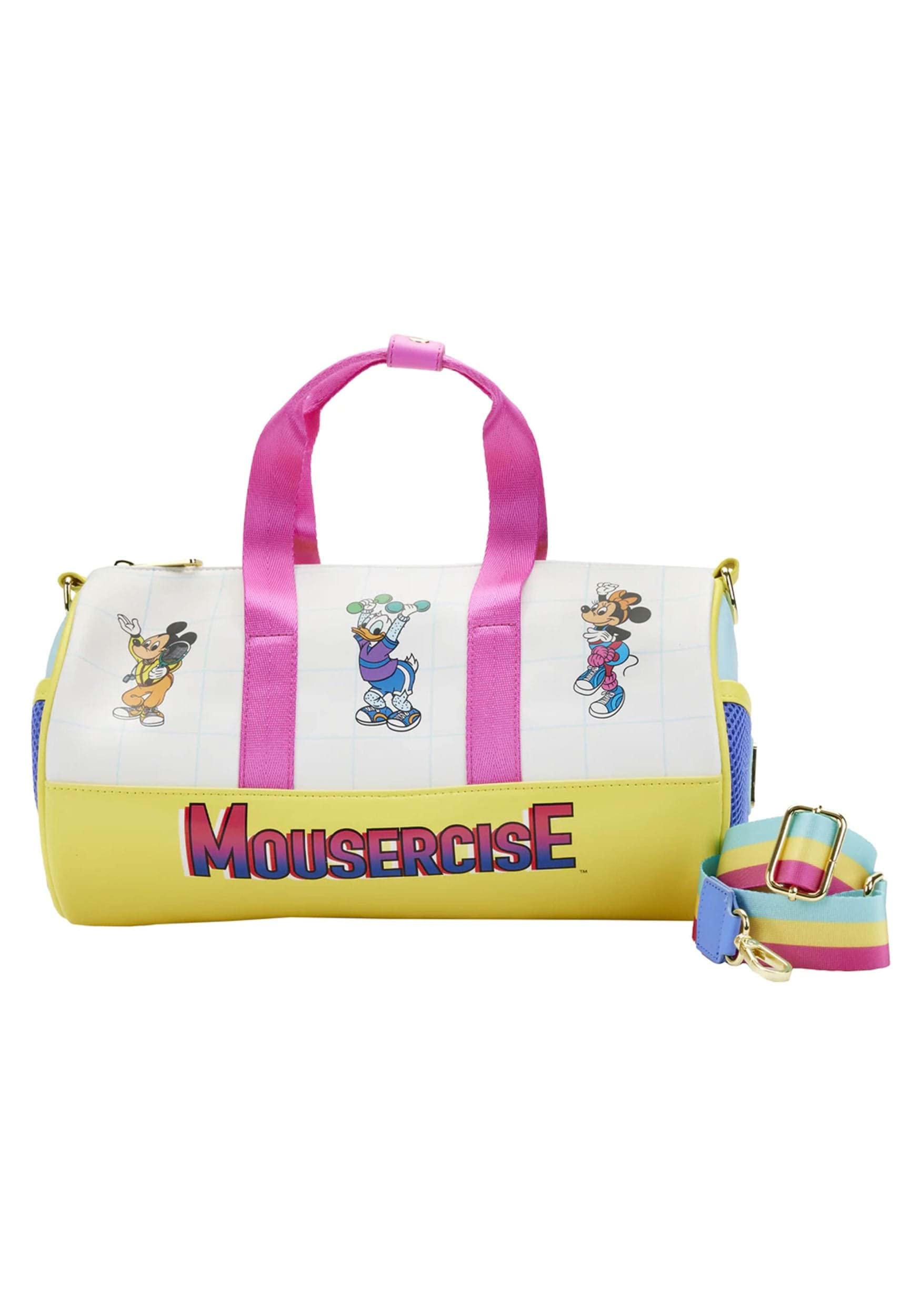 Loungefly Disney Mousercise Duffle Bag, Mickey, Minnie Mouse, and Donald Duck Travel Accessories, 12 Inches