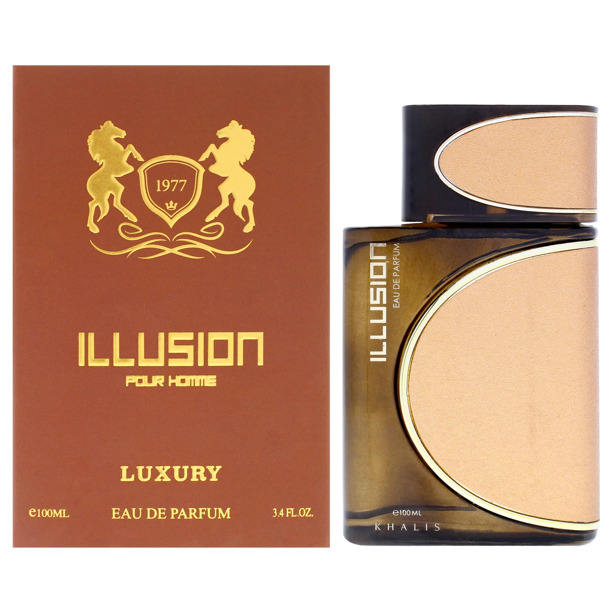 Khalis Illusion Luxury Collection Eau de Parfum for Men, Spicy Oriental Fragrance with Citrus Leather Amber and Woods, 3.4 oz Spray