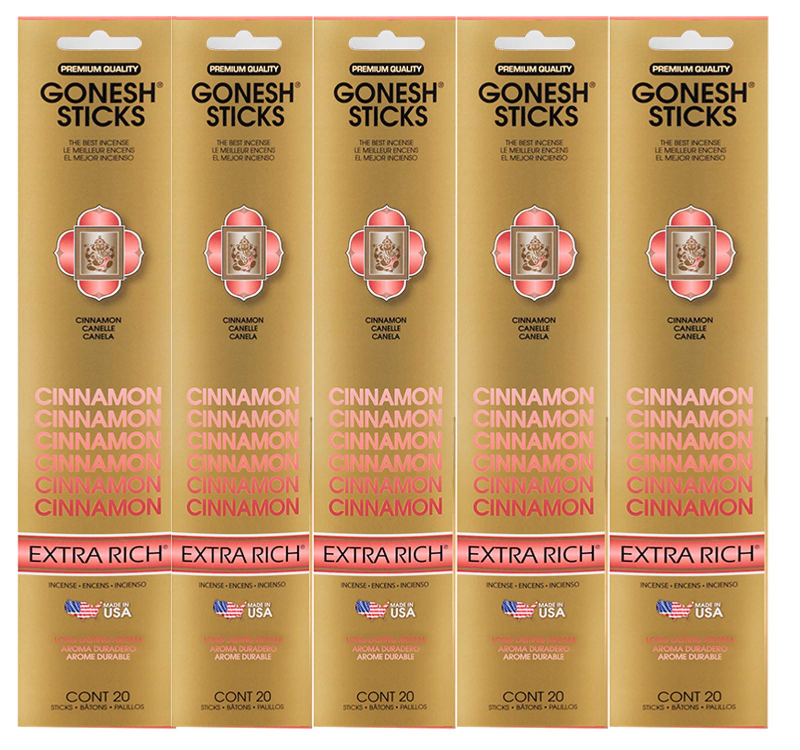 Gonesh Incense Sticks Extra Rich Collection - Cinnamon 5 Packs (100 Total)