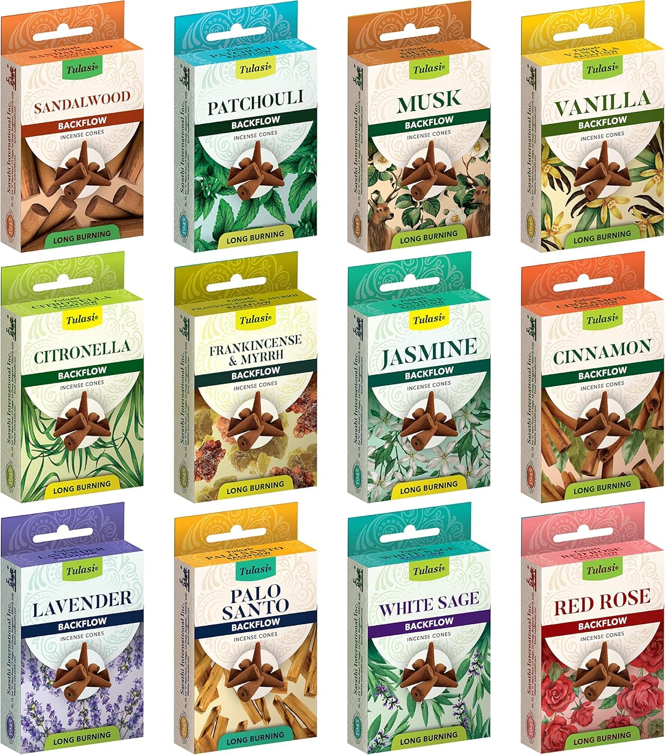 Tulasi Backflow Incense Cones Gift Set 12 Fragrances (12-Pack) - 120 Cones