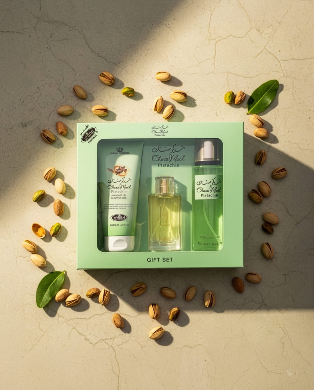 Al Rehab Choco Musk Pistachio Gift Set (EDP 1.65 Oz, Shower Gel 6.7 Oz, Body Mist 8.4 Oz)