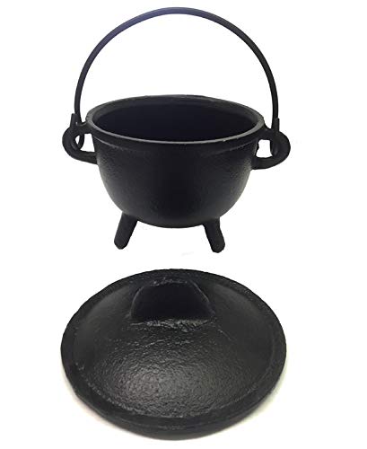 Caldero de hierro fundido con asa y tapa de New Age Imports, Inc., ideal para purificar el aire, quemar incienso, para rituales, decoración, decoración de Halloween, candelabro, etc. (estilo olla de 4" de diámetro (BR90))