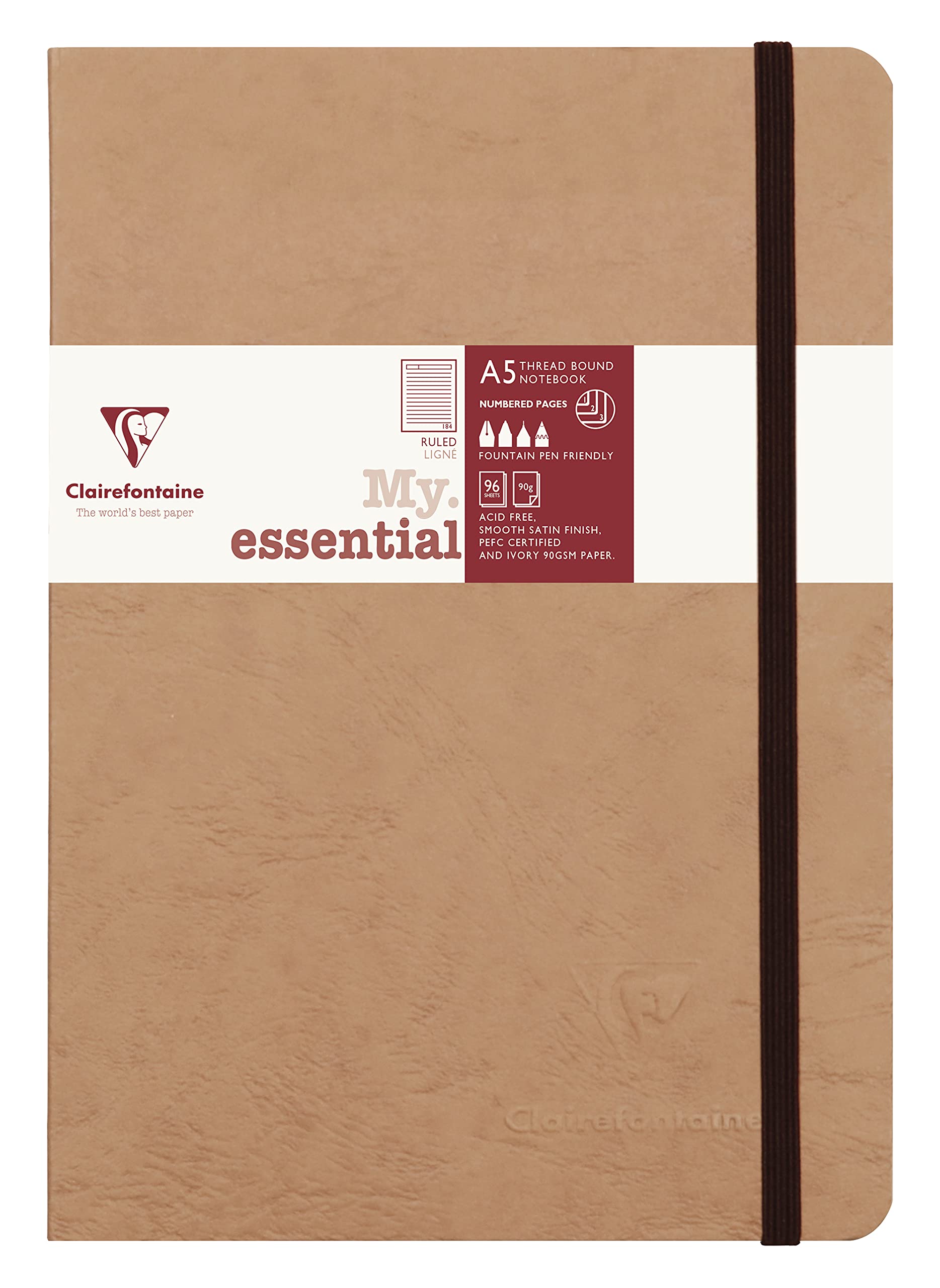 Clairefontaine "My Essential" Bound Paginated Notebook - Ruled 96 sheets - 6 x 8 1/4 - Tan