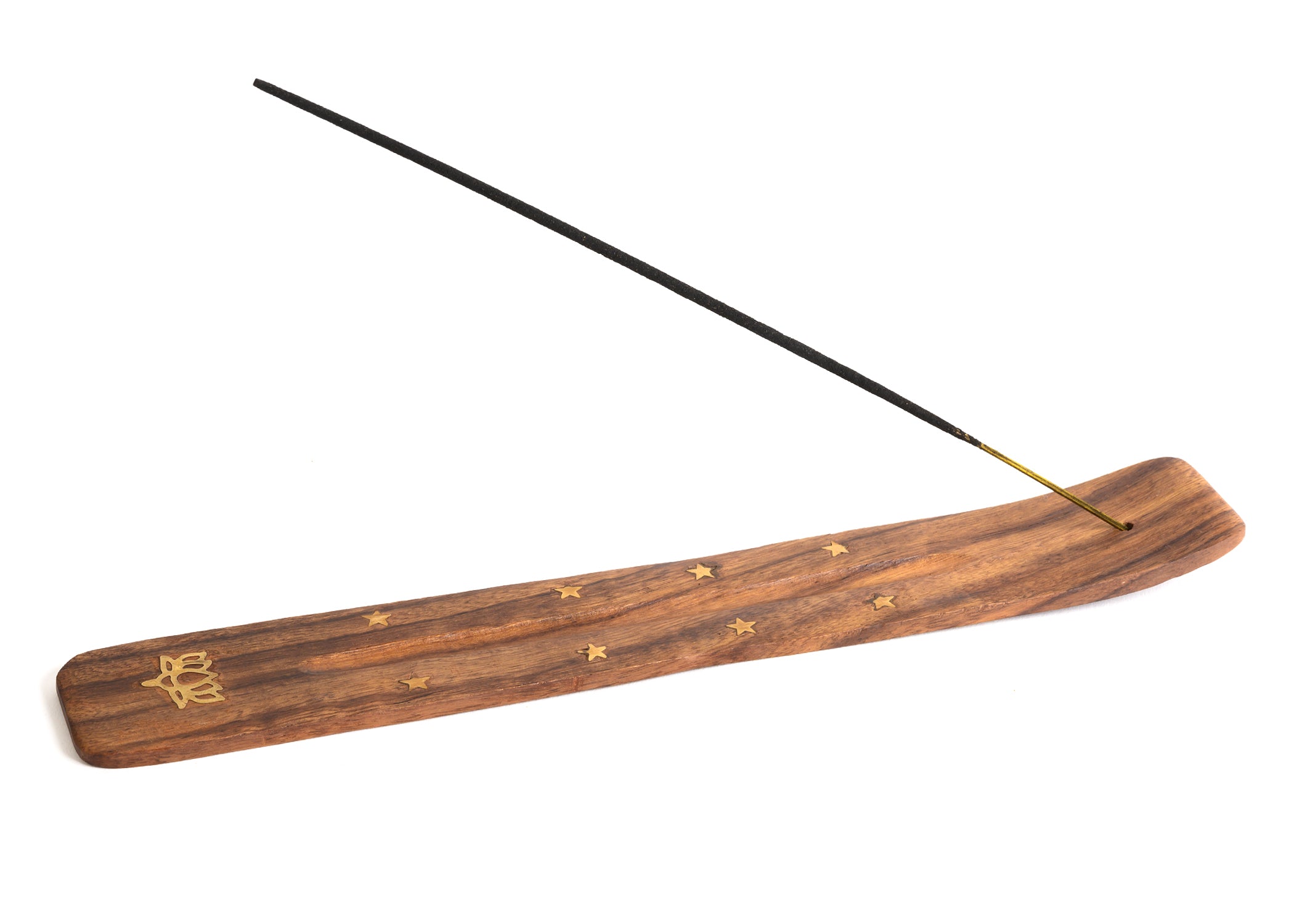 Porta incienso de madera para varillas con incrustaciones de latón FLOR DE LOTO 10 pulgadas de largo